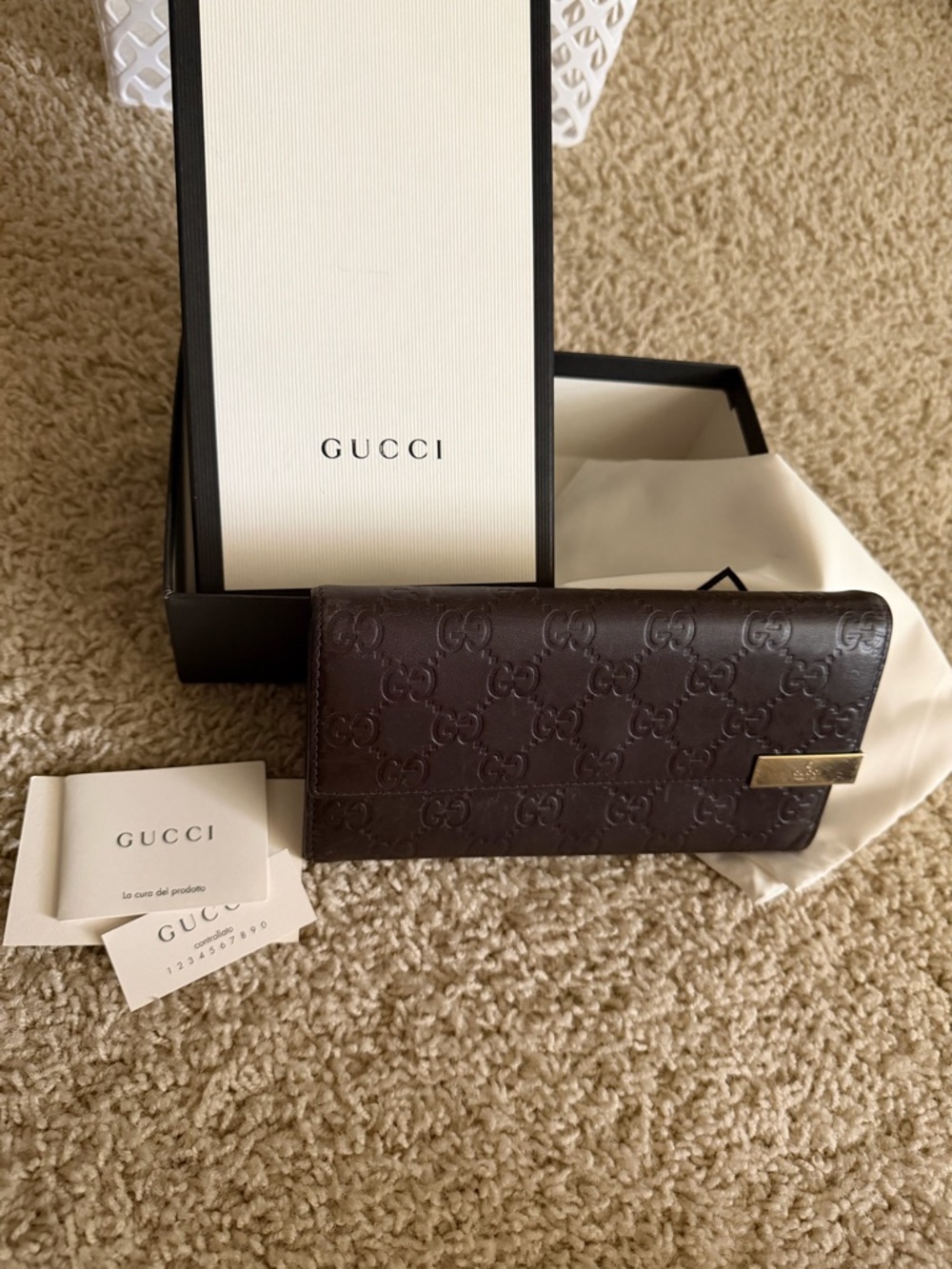 Gucci Brown Embossed Leather Continental Wallet with Gold Plaque